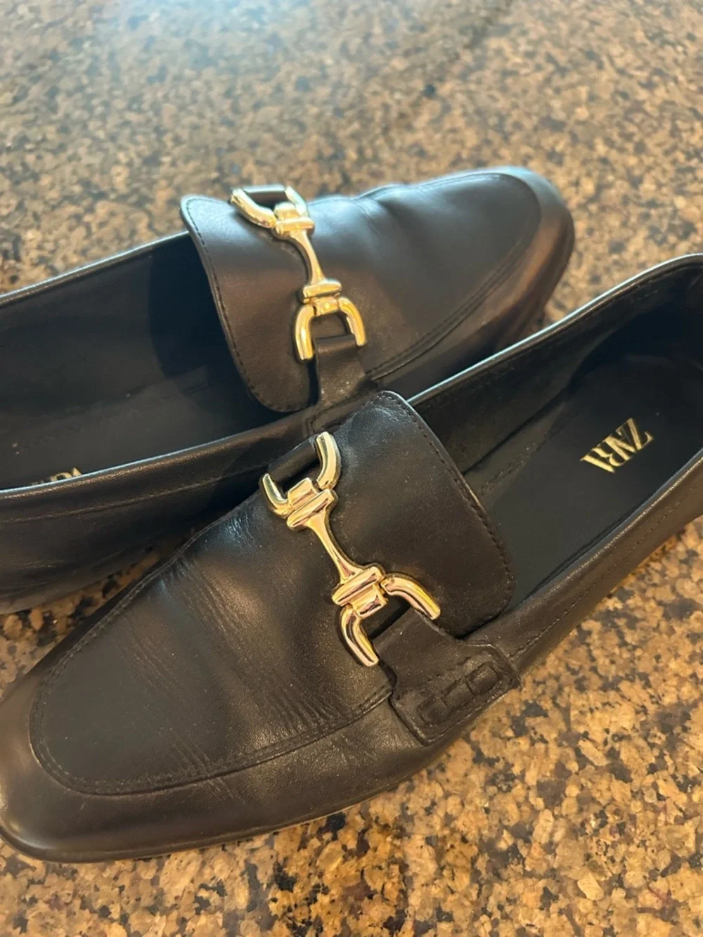 Zara Black Leather Women’s Loafers with Gold Bit - Picture 6 of 6